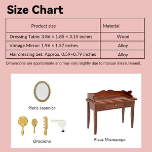 Dollhouse miniature dressing table size chart showing vanity table, vintage mirror and haircare set in 1:12 scale
