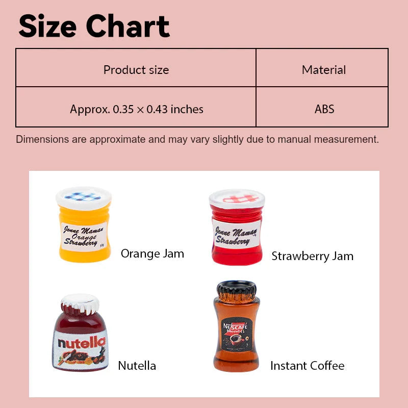 Size chart showing orange jam, strawberry jam, Nutella, and instant coffee jars, perfect 1:12 scale accessories for dollhouse kitchen planning.