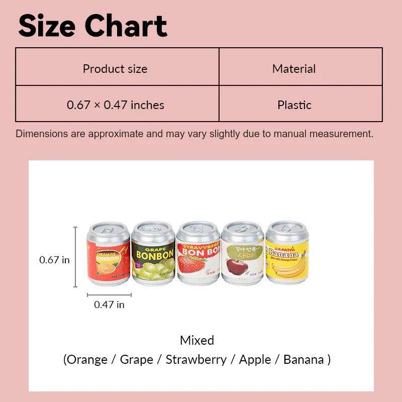 Size chart with Miniature Soda Cans showing mixed fruit flavors, compact 1:12 scale drinks for dollhouse fridge, pantry, or store display