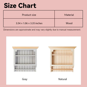 Wooden 2-tier hanging shelf size chart in gray and natural, reference for 1:12 scale dollhouse kitchen or room layout