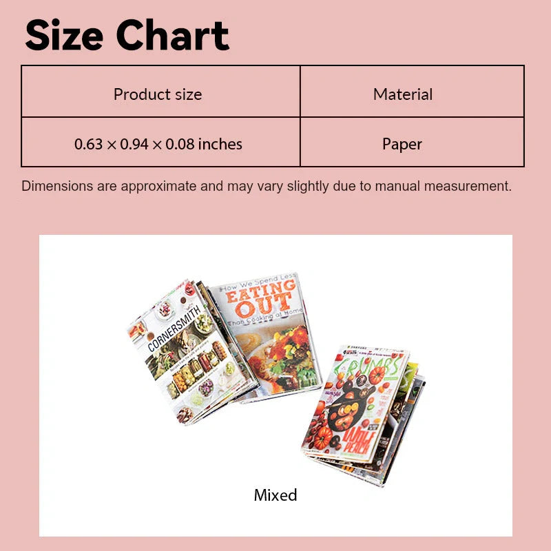 Dollhouse magazine size chart showing mixed full-color flippable book set, realistic 1:12 scale reading accessories