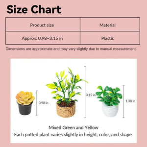 Dollhouse plant set size chart showing mixed green and yellow plastic plants at 1:12 scale