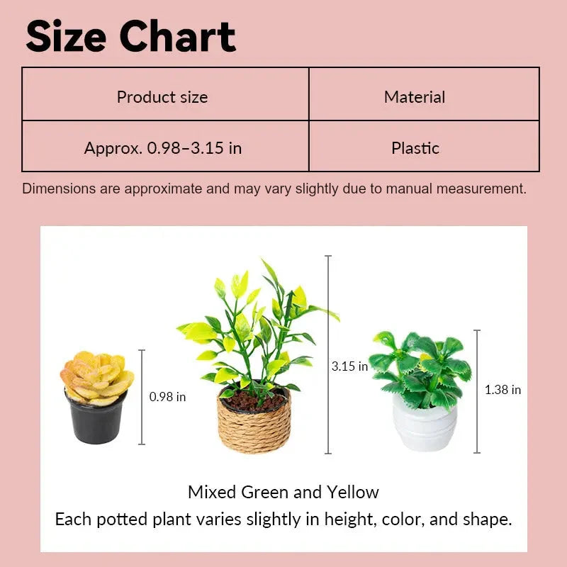 Dollhouse plant set size chart showing mixed green and yellow plastic plants at 1:12 scale
