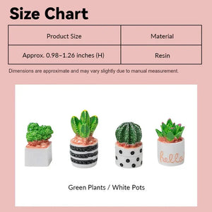 Dollhouse potted plants size chart showing green resin plants in white pots at 1:12 scale