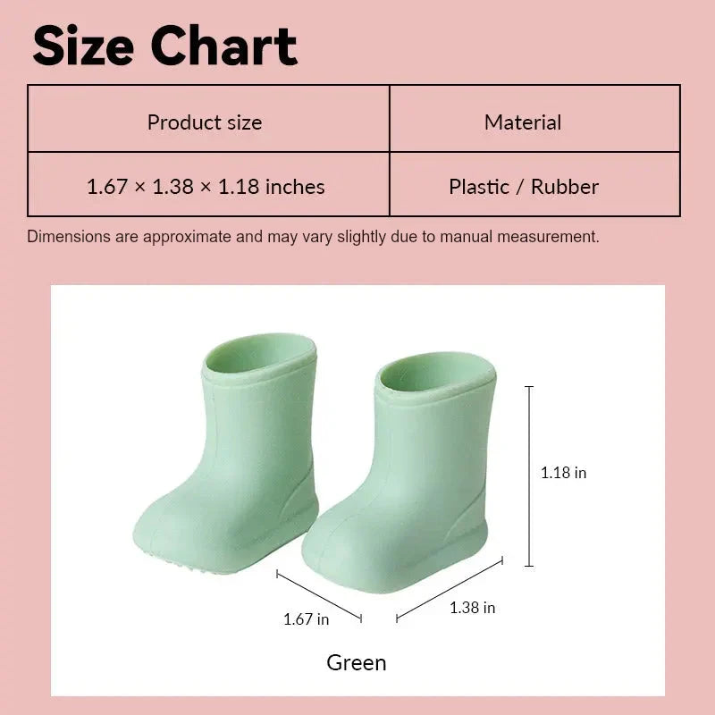Dollhouse rain boots size chart showing mint green garden wellies in 1:12 scale