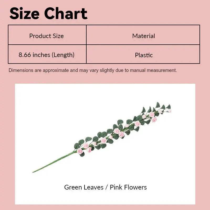 Dollhouse rose vine size chart showing pink flowers and green leaves in 1:12 scale
