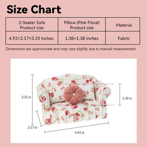 Dollhouse sofa size chart showing a floral two-seater with matching pink floral pillow at 1:12 scale