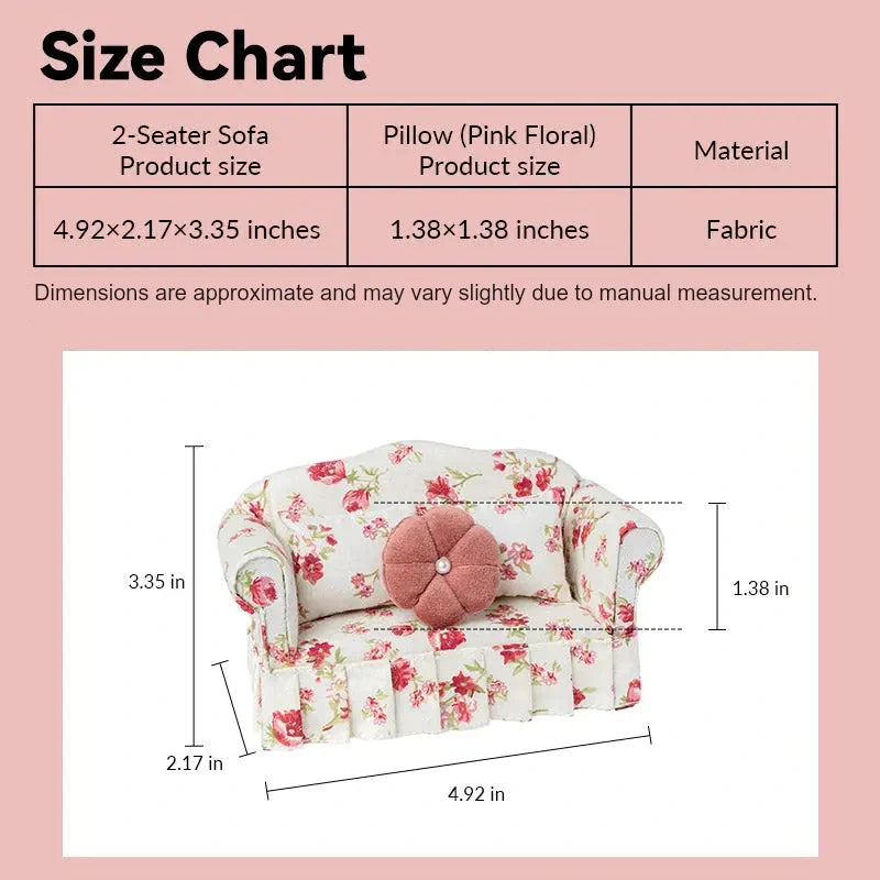 Dollhouse sofa size chart showing a floral two-seater with matching pink floral pillow at 1:12 scale