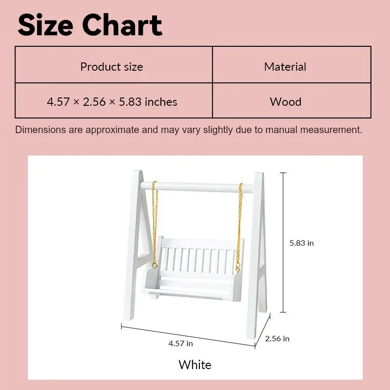 Dollhouse swing size chart showing white wooden design in 1:12 scale