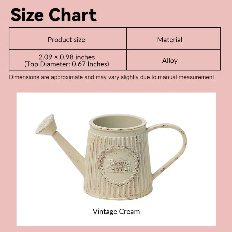 Dollhouse watering can size chart showing vintage cream distressed metal style in 1:12 scale