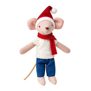 Christmas Father Mouse Doll wearing a red Santa hat, cozy scarf, white knit top, and blue shorts for festive dollhouse scenes.