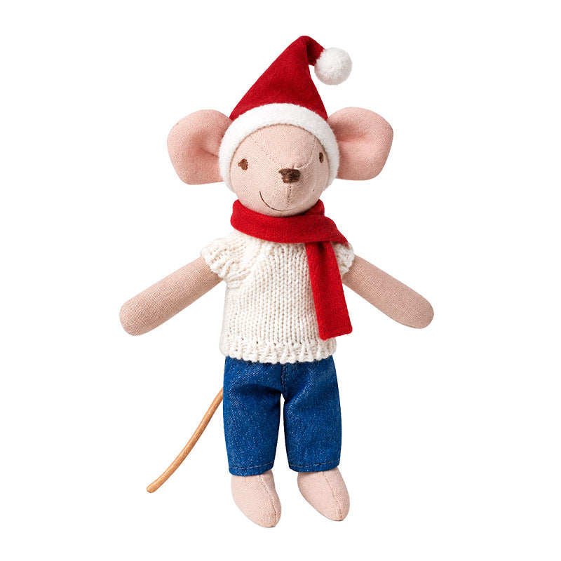 Christmas Father Mouse Doll wearing a red Santa hat, cozy scarf, white knit top, and blue shorts for festive dollhouse scenes.