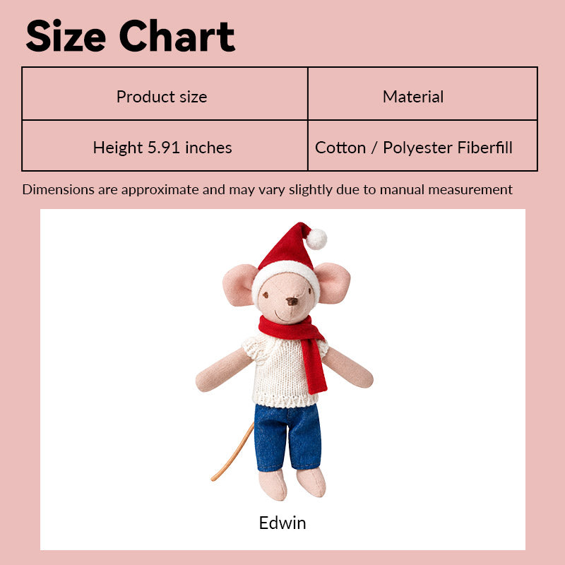 Christmas father mouse doll size chart showing 6-inch Edwin in festive clothes for 1:12 scale