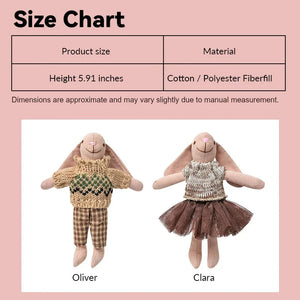 Size chart showing measurements of a fabric bunny couple figure set for a 1:12 scale dollhouse