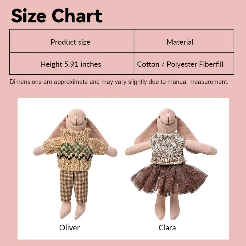 Size chart showing measurements of a fabric bunny couple figure set for a 1:12 scale dollhouse