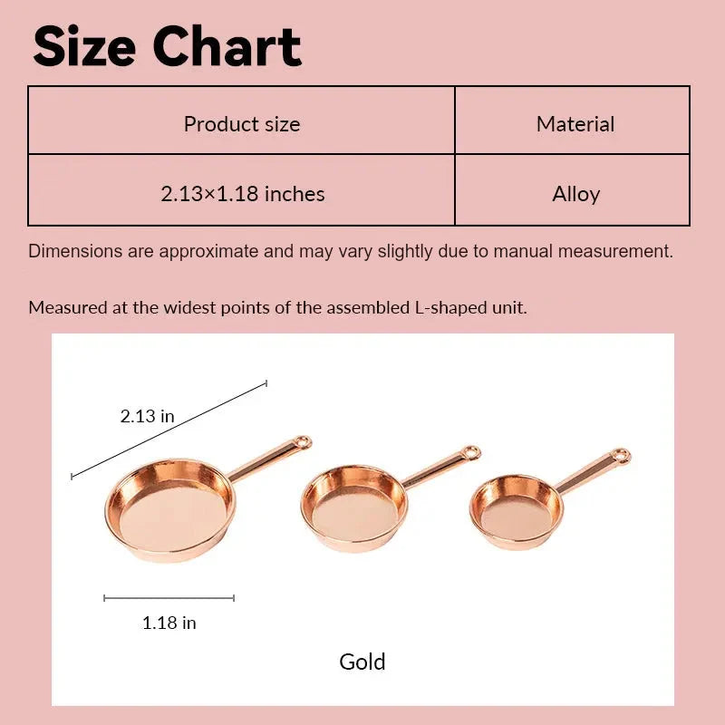 Dollhouse frying pan set size chart showing gold alloy pans in 1:12 scale