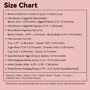 Size chart for Easter bunny family set, showing figures, tea pieces, eggs, arbor, stones, and mixed materials