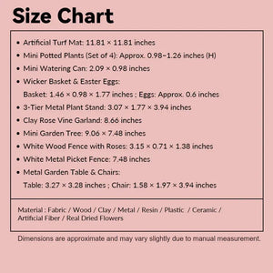 Garden accessory size chart showing turf, plants, watering can, tree, fences, stand, and table set for scene planning