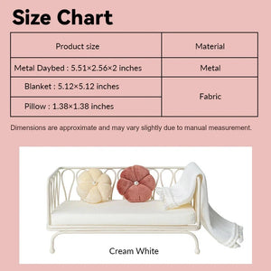 Dollhouse daybed size chart showing cream white metal frame, pillows, and blanket in 1:12 scale