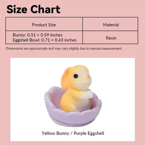 Dollhouse Easter bunny size chart showing yellow resin bunny and detachable purple eggshell in 1:12 scale