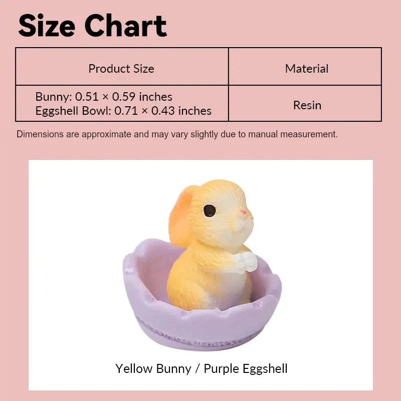 Dollhouse Easter bunny size chart showing yellow resin bunny and detachable purple eggshell in 1:12 scale
