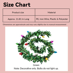miniature Christmas light garland size chart showing green faux-bulb strand in 1:12 scale