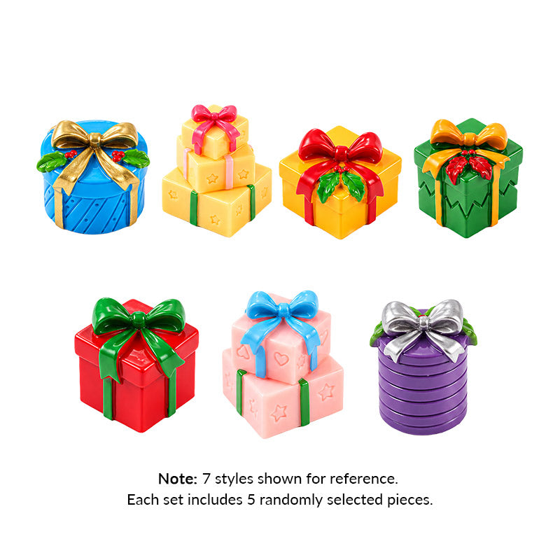 Dollhouse Christmas Gift Boxes in colorful resin with festive bows, bringing cheerful charm to miniature holiday scenes