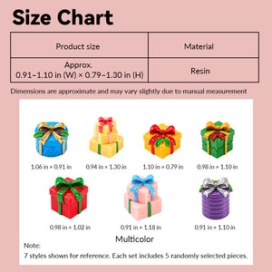 dollhouse Christmas gift boxes size chart showing colorful resin presents in 1:12 scale