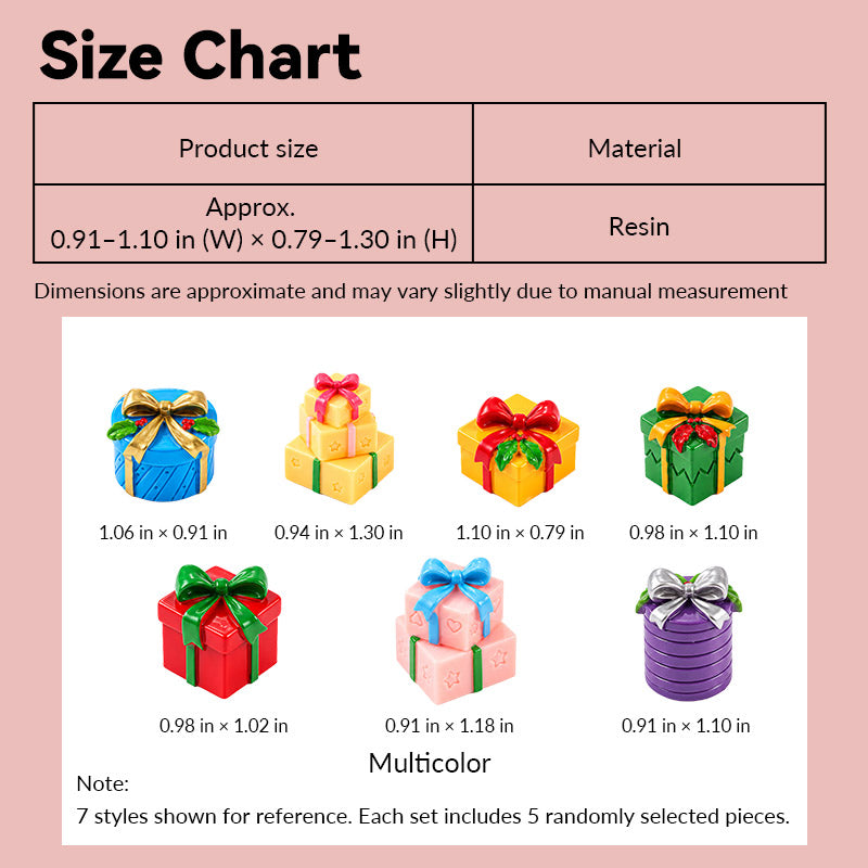dollhouse Christmas gift boxes size chart showing colorful resin presents in 1:12 scale