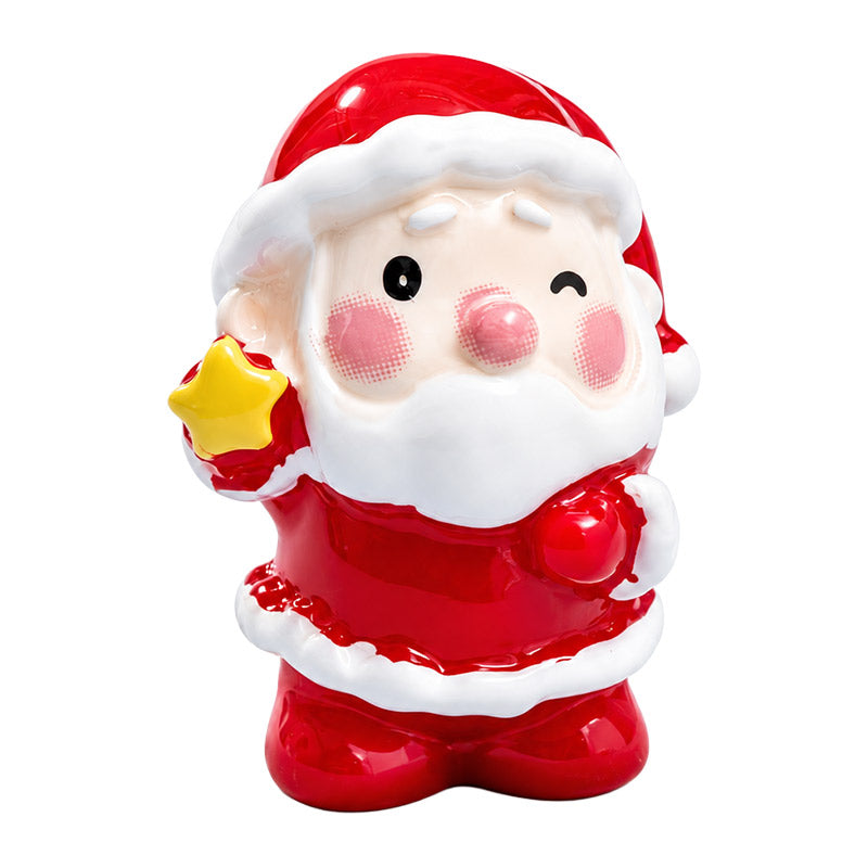 Miniature Christmas Figurines featuring a winking Santa in a red suit holding a yellow star, perfect for a festive mantel.