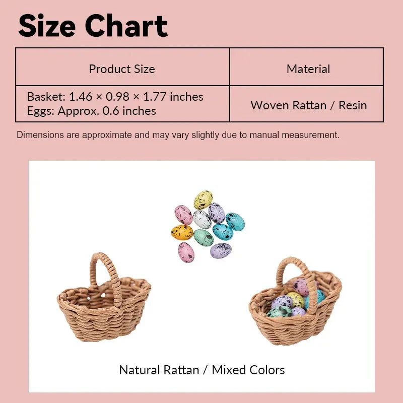 miniature Easter basket size chart showing wicker basket and eggs in 1:12 scale
