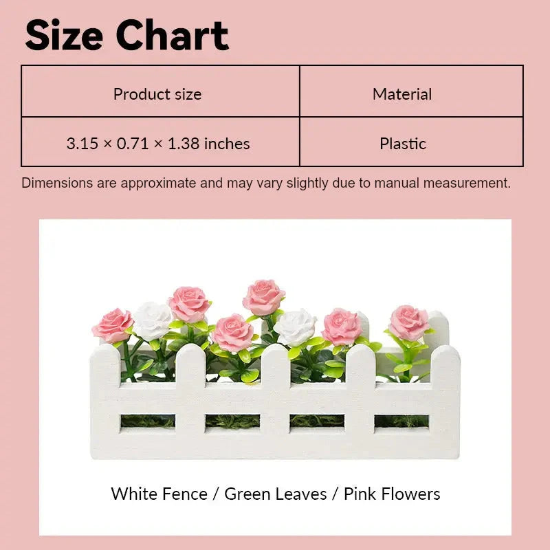 miniature fence size chart showing white wood roses in 1:12 scale