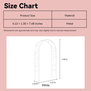Miniature garden arbor size chart showing white metal fairy-tale arch in 1:12 scale