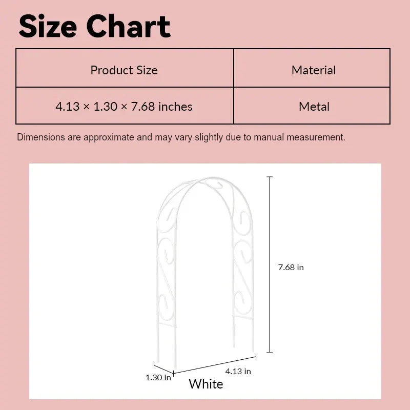 Miniature garden arbor size chart showing white metal fairy-tale arch in 1:12 scale