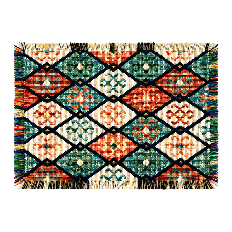 Dollhouse Geometric Rug with colorful woven patterns and fringed edges, bringing warmth to a cozy miniature living room.