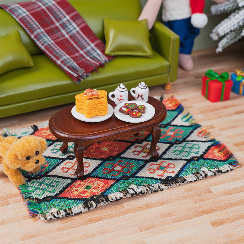 Colorful miniature woven rug beneath a wooden coffee table, paired with a green sofa for a cozy holiday gathering.