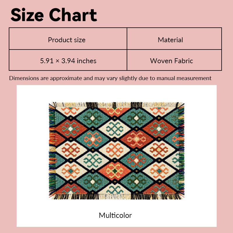 Dollhouse geometric rug size chart showing colorful woven pattern in <span class=