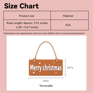 Dollhouse Christmas sign size chart showing terracotta PLA plaque and hanging rope in 1:12 scale