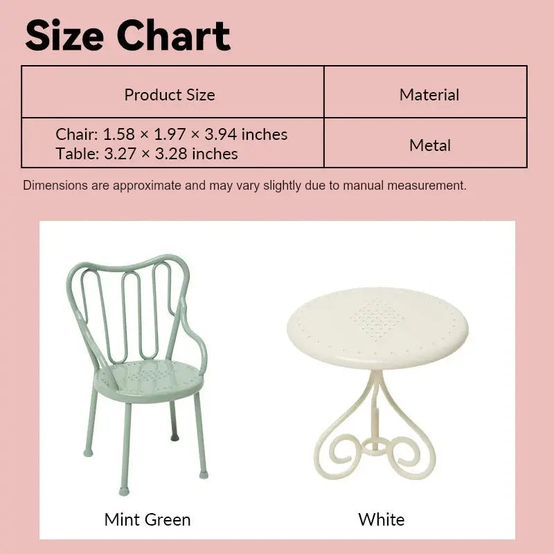 miniature patio furniture size chart showing metal table and chairs in 1:12 scale