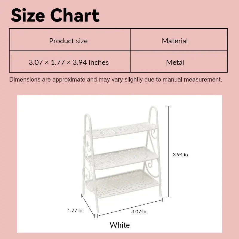 miniature plant stand size chart showing white 3-tier metal design in 1:12 scale