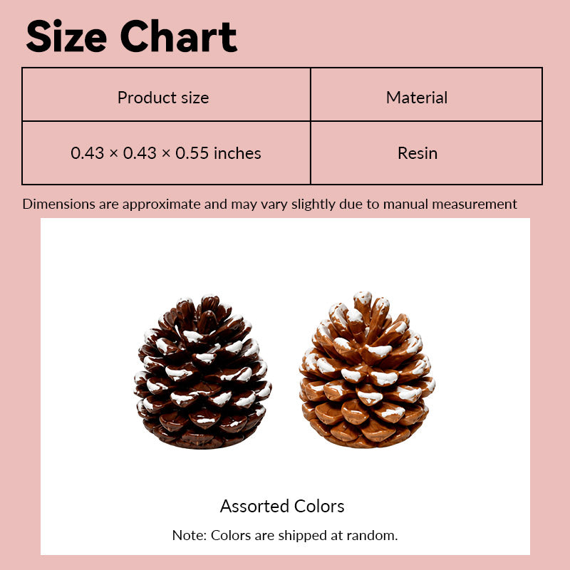 Dollhouse pinecones size chart showing a snow-covered resin pair in 1:12 scale