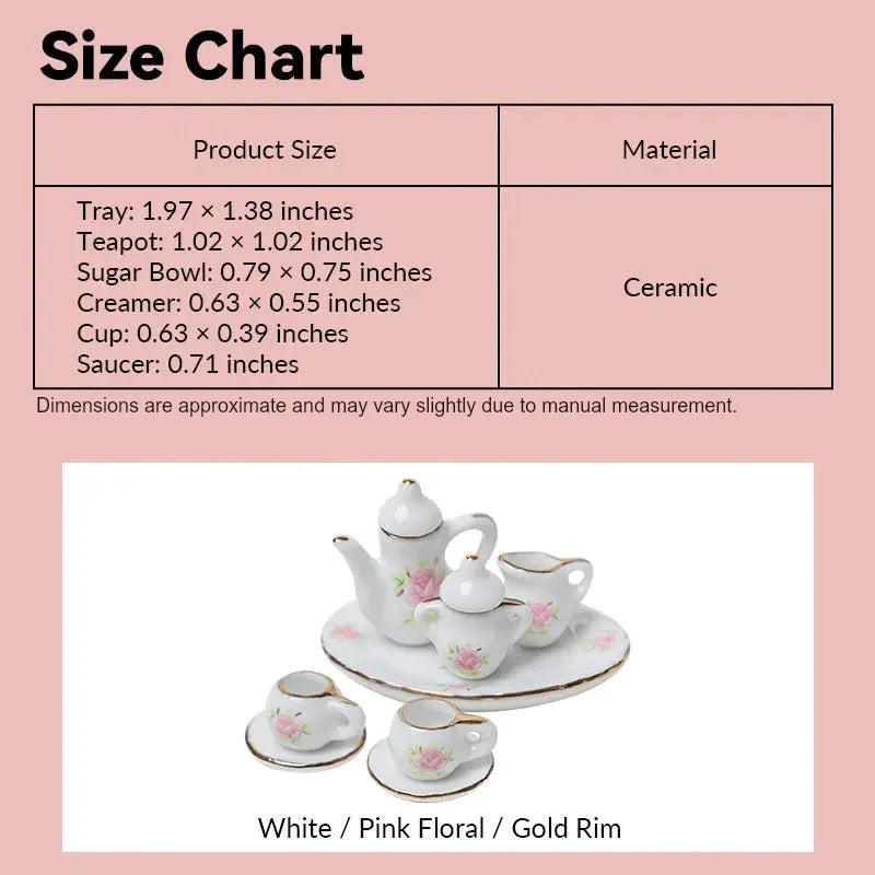 miniature tea set size chart showing vintage teatime tableware in 1:12 scale