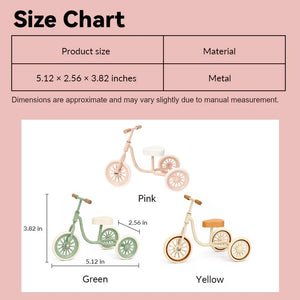 Dollhouse miniature tricycle size chart showing pink, green and yellow vintage metal styles in 1:12 scale