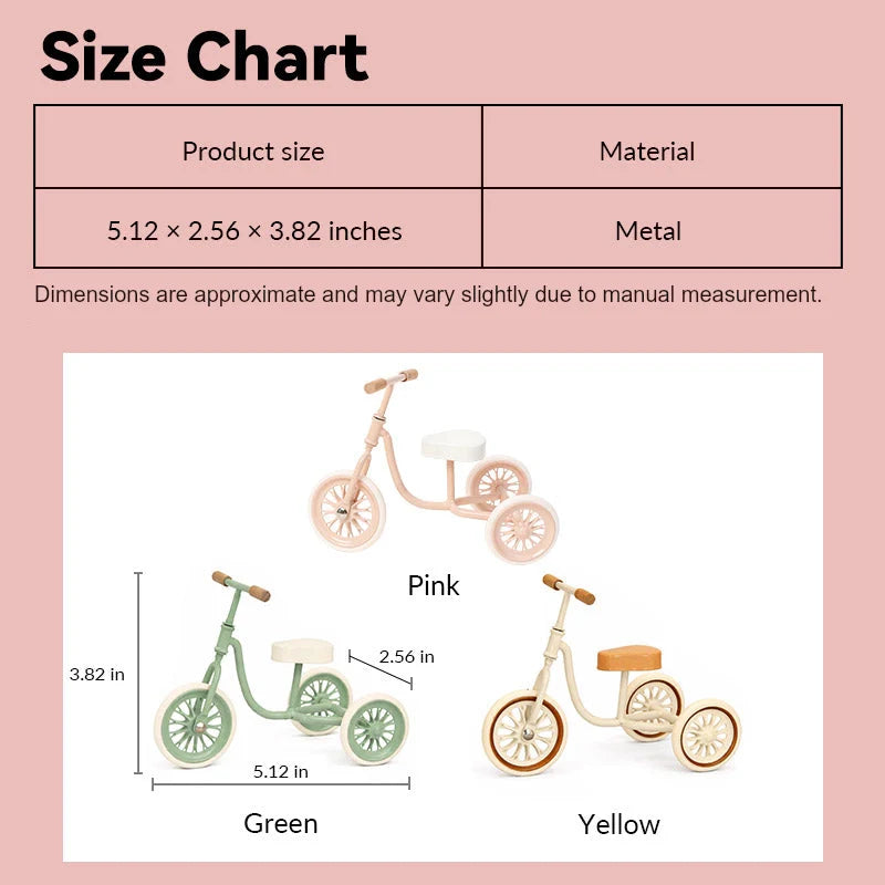 Dollhouse miniature tricycle size chart showing pink, green and yellow vintage metal styles in 1:12 scale