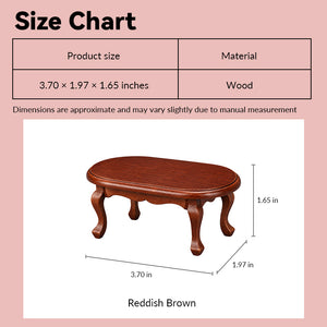 Dollhouse coffee table size chart showing reddish brown wood table in 1:12 scale