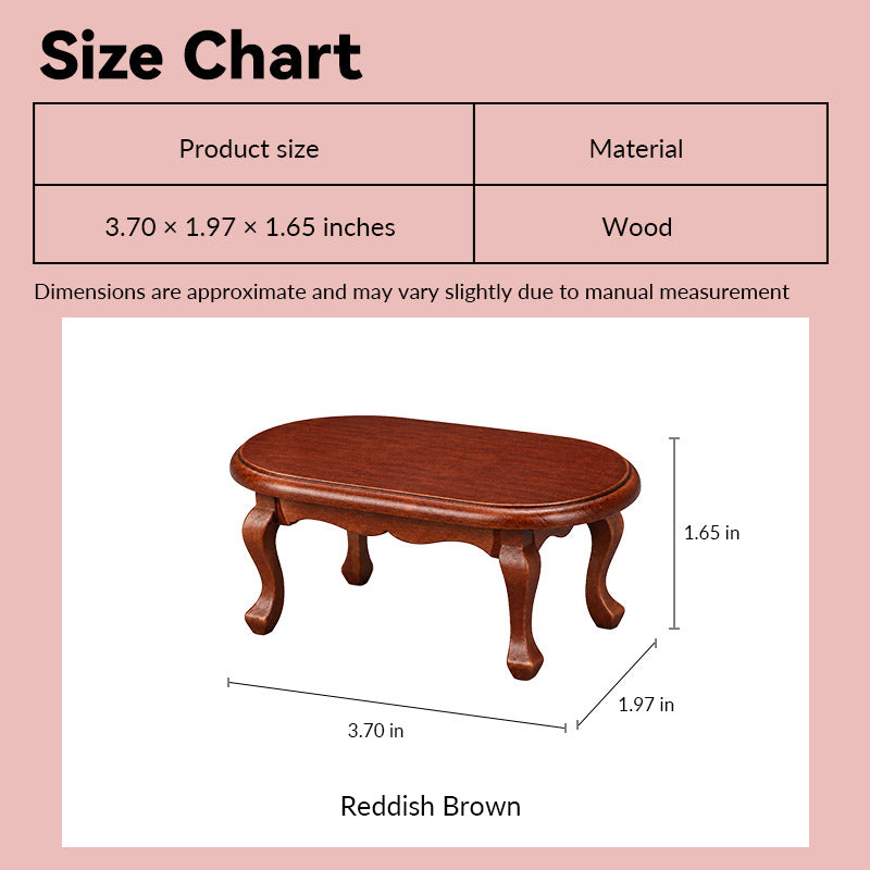 Dollhouse coffee table size chart showing reddish brown wood table in 1:12 scale