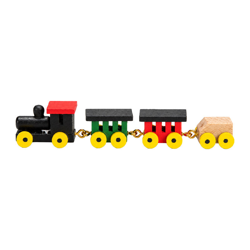 Dollhouse Toy Train with colorful wooden cars and yellow wheels, bringing playful charm to a cozy miniature playroom.