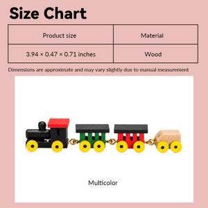 Dollhouse toy train size chart showing colorful wooden design in 1:12 scale