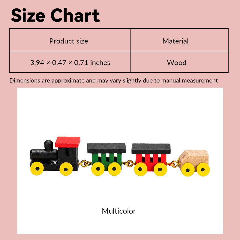 Dollhouse toy train size chart showing colorful wooden design in 1:12 scale