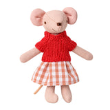 Christmas Girl Mouse Doll in a red knit sweater and gingham skirt, bringing handmade charm to a cozy holiday dollhouse.